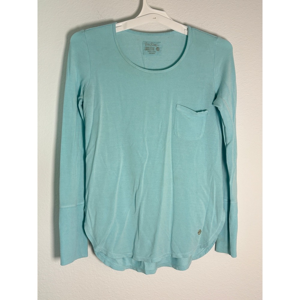 Lilly Pulitzer Luxletic Aqua Blue Long Sleeve Pocket Top XXS High Low Hem